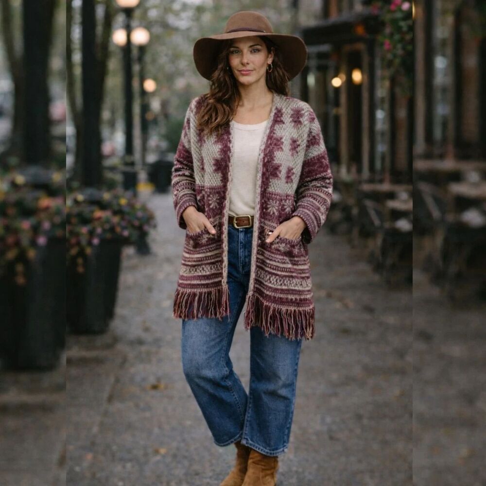 Maxsport Boho Fringe Cardigan Sweater Jacket Women M Burgundy Beige Tribal Knit